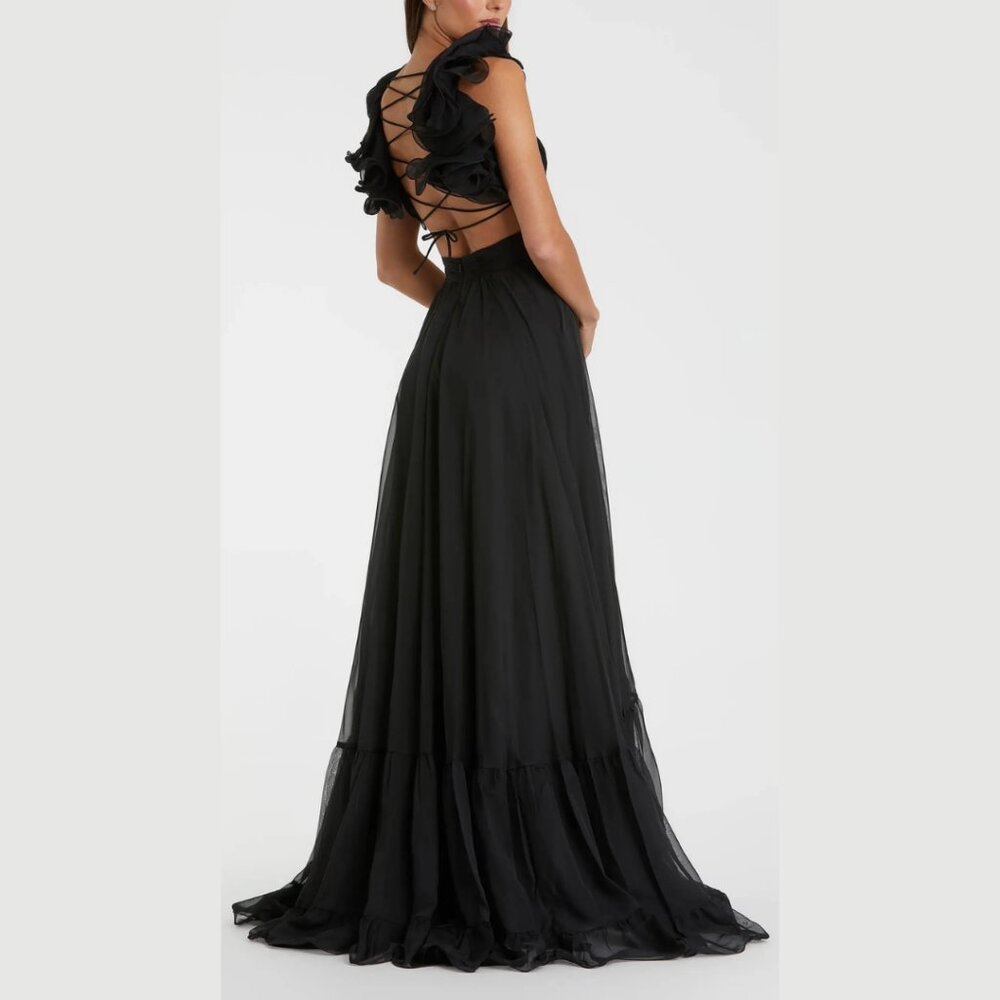 Mac Duggal 67911 Size 10 Black Indy Ruffle Corset Tiered Chiffon Gown Maxi Dress - Picture 4 of 4